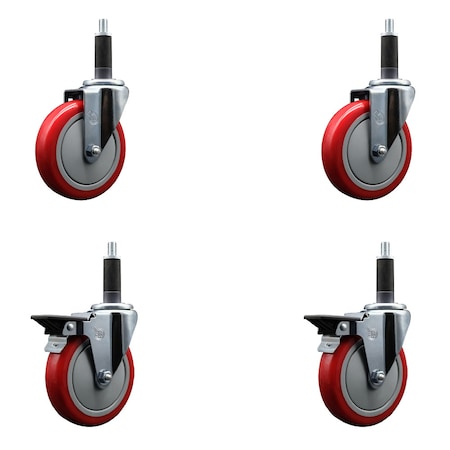 Service Caster 5'' Red Poly Wheel Swivel 1'' Expanding Stem Caster Set 2 Brakes, 4PK SCC-EX20S514-PPUB-RED-2-PLB-2-1